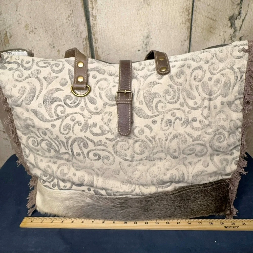 Myra Weekender Tote Canvas Leather Cowhide Hair Chic Fringe Travel Bag ZipBuckle